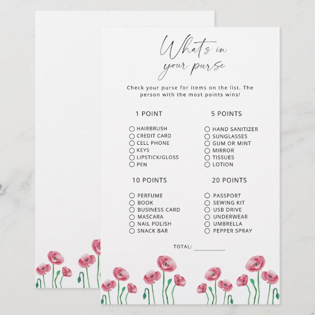 Papier Floral ce qu'il y a dans votre sac à main (Devant / Derrière)