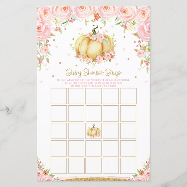 Papier Floral Citrouille Baby shower Bingo Activité de je (Devant)