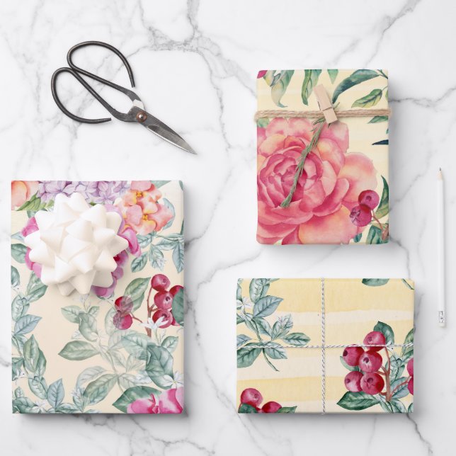 Papier floral et baies assortis à l'aquarelle élég (Recto)