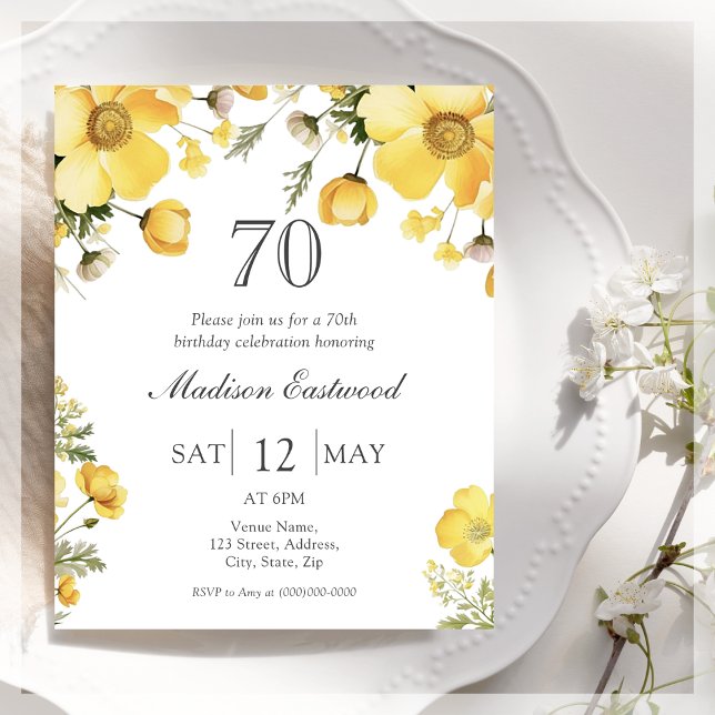 Papier Floral Jaune 70e anniversaire Invitation budgétair (Créateur téléchargé)