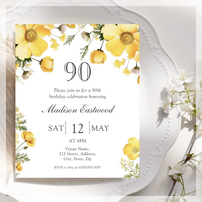 Papier Floral jaune 90e anniversaire Invitation budgétair (Créateur téléchargé)