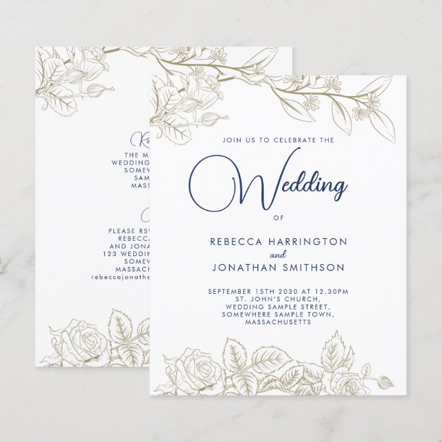 Papier Floral Marine Blue Gold Budget Faire-part de maria (Devant / Derrière)