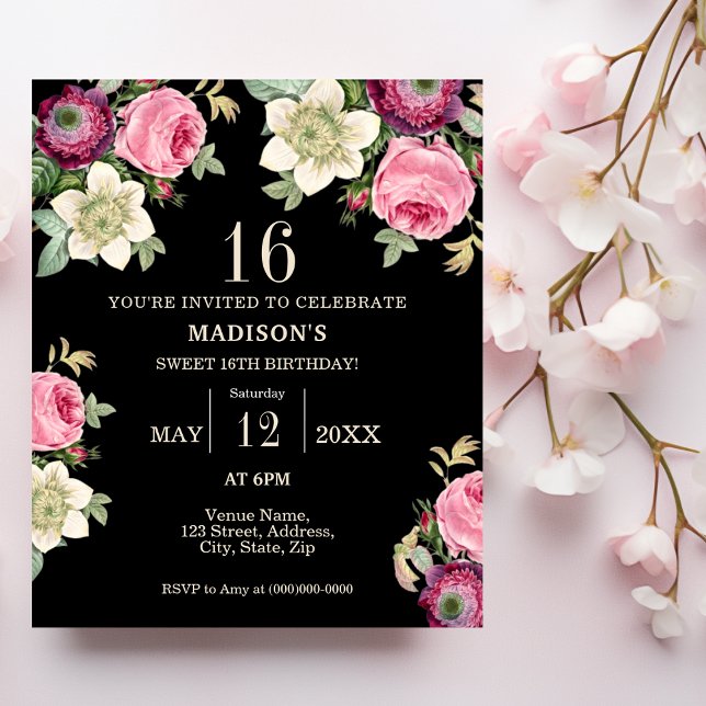 Papier Floral noir et rose 16e anniversaire Invitation (Créateur téléchargé)