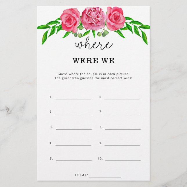 Papier Floral Où étions-nous jeu de douche nuptiale (Devant)
