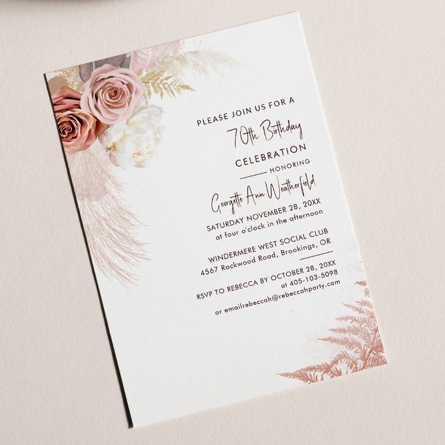 Papier Floral Pampas Grass 70e anniversaire Invitation (Pampas Grass Script 70th Birthday Party Invitation)