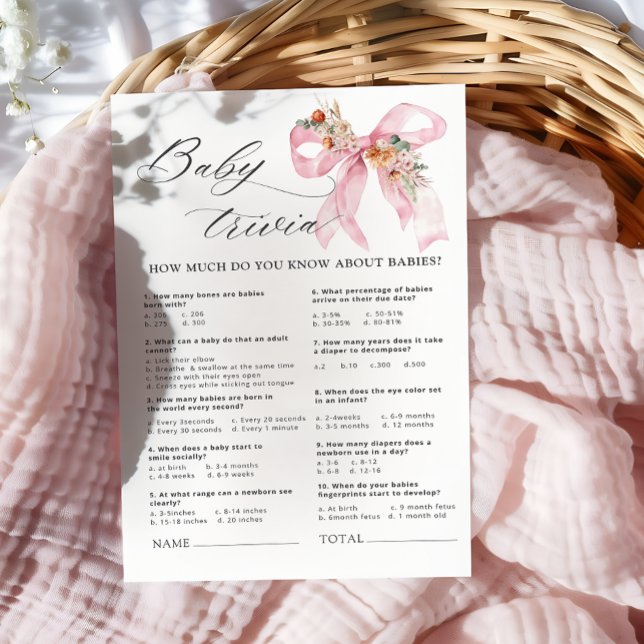Papier Floral Pink Bow Baby shower Baby Trivia Jeu (Créateur téléchargé)