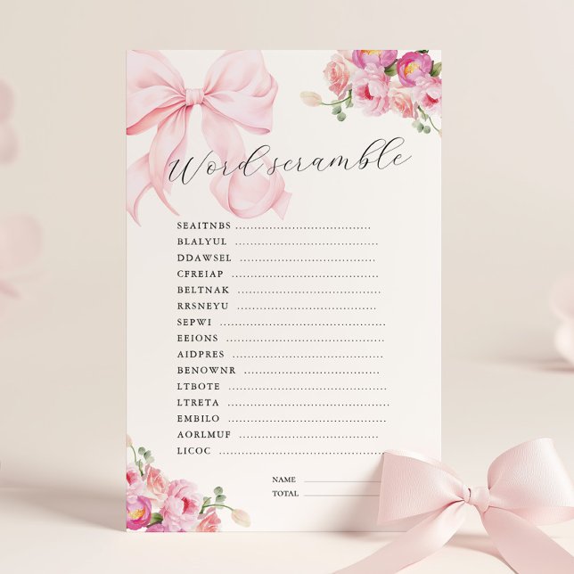 Papier Floral Pink Bow Baby Shower Word Scramble (Créateur téléchargé)