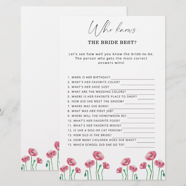 Papier Floral Qui connaît la mariée meilleur jeu (Devant / Derrière)