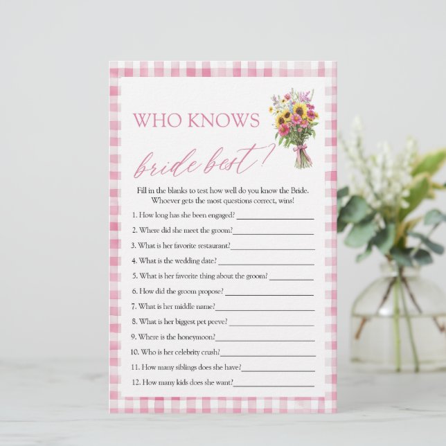 Papier Floral Qui Connaît La Mariée Meilleur Jeu De Fête  (Debout devant)