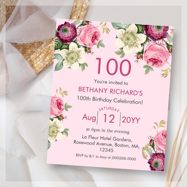 Papier Floral rose | 100e Invitation d'anniversaire du bu (Créateur téléchargé)