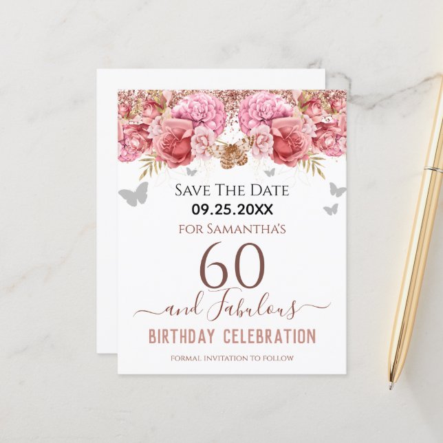 Papier Floral rose 60e anniversaire Enregistrer la date (Devant/Arrière en situation)
