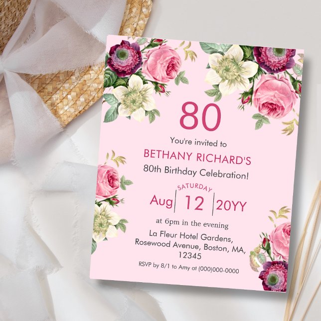 Papier Floral rose | 80e Invitation d'anniversaire du bud (Créateur téléchargé)