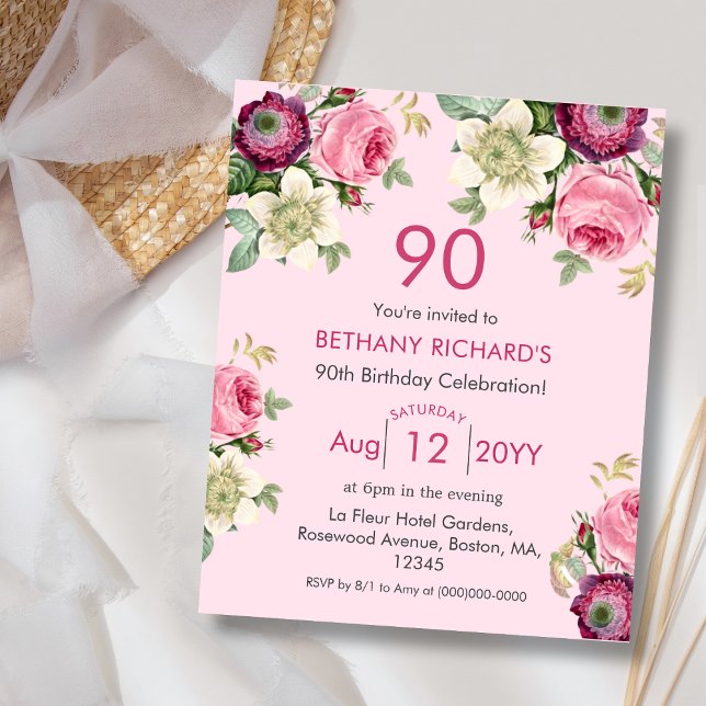 Papier Floral rose | 90e Invitation d'anniversaire du bud (Créateur téléchargé)