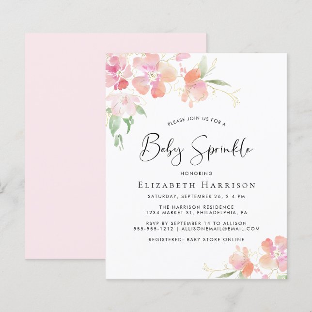 Papier Floral rose Aquarelle Baby Sprinkle Invitation (Devant / Derrière)
