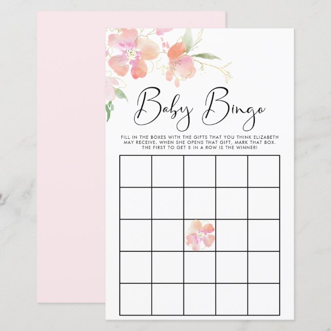 Papier Floral rose Aquarelle Bingo Jeu de douche Bingo (Devant / Derrière)