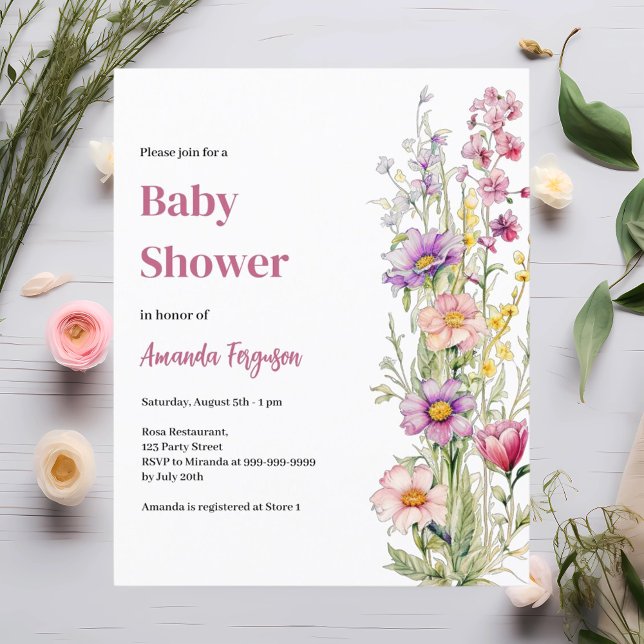 Papier Floral rose violet fille Baby shower invitation (Créateur téléchargé)