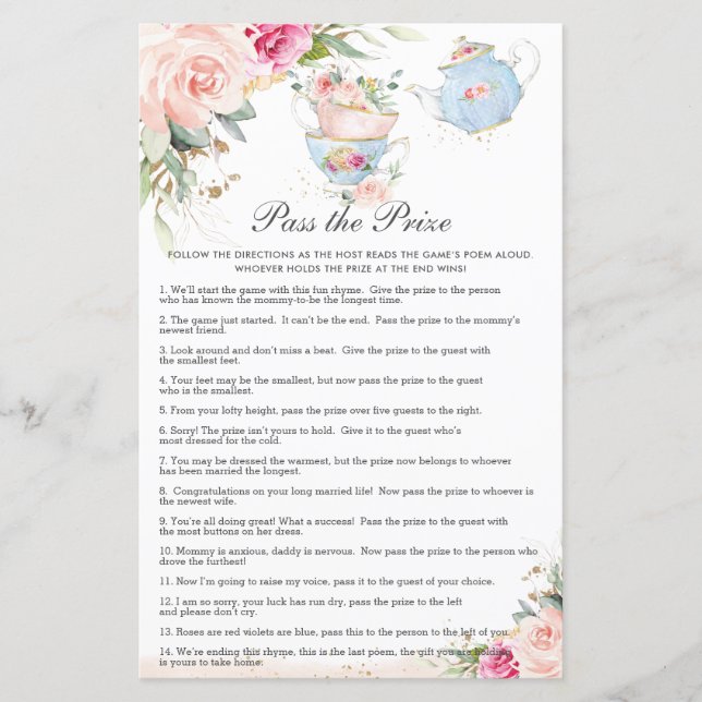 Papier Floral Tea Party Baby shower Passer le prix jeu (Devant)