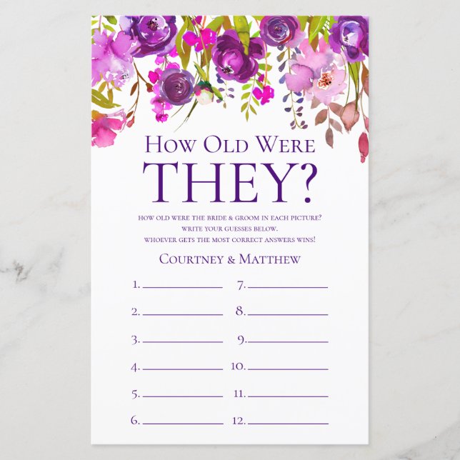 Papier Floral Violet Quel Âge Ont-Ils Été Fête des mariée (Devant)