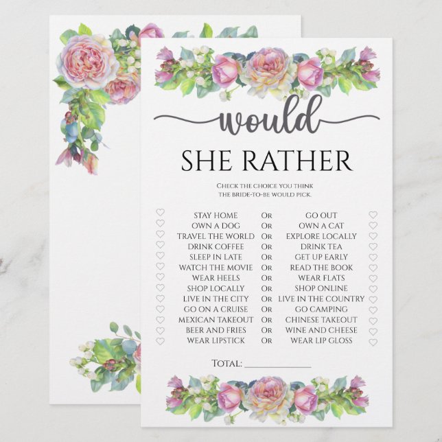 Papier Floral Voudrait-elle plutôt nuptiale douche jeu (Devant / Derrière)