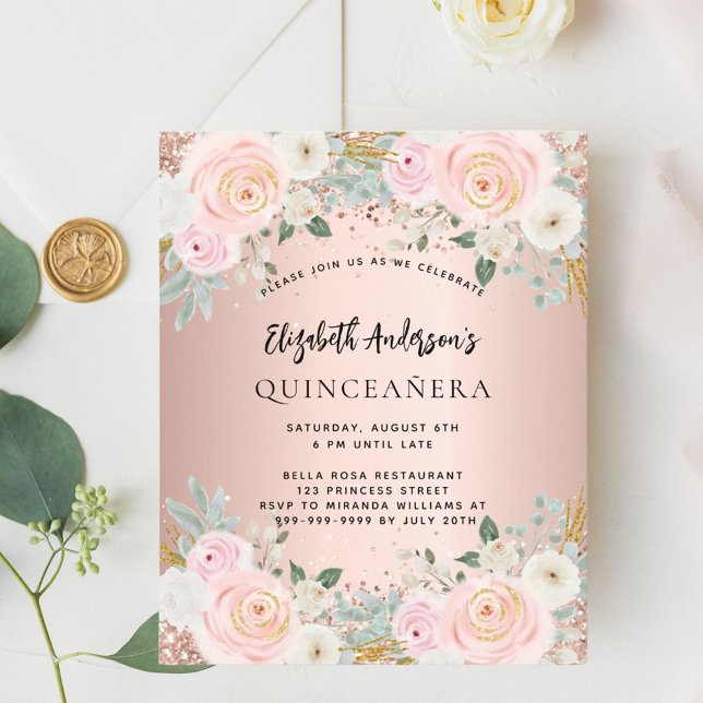 Papier Florales d'or rose Quinceanera invitation budgétai (Créateur téléchargé)