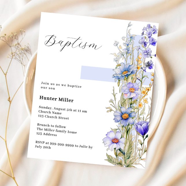 Papier Florals Croix bleue garçon Baptême invitation (Créateur téléchargé)
