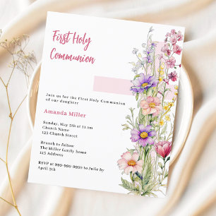 Papier Florals croix rose fille Première communion invita