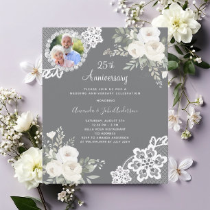 Papier Floraux blancs gris photo 25e faire-part de mariag