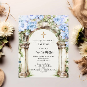 Papier Floraux bleus arch beige garçon Baptême invitation