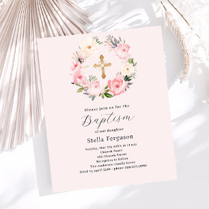 Papier Floraux rose vif couronne croix invitation au bapt
