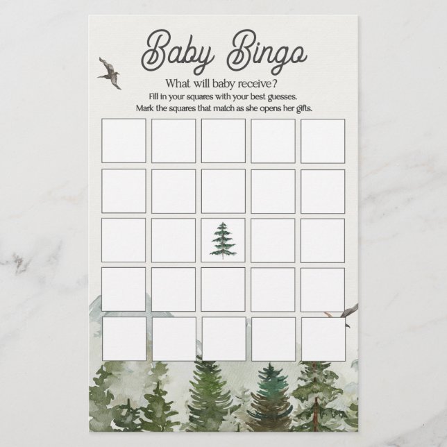 Papier forêt bois bébé bingo jeu de baby shower (Devant)