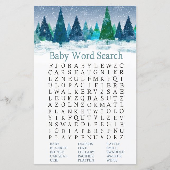 Papier forêt d'hiver Baby shower Word Recherche Jeu (Devant)