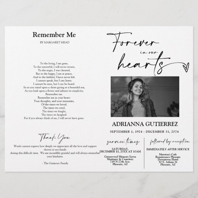 Papier Forever in our Hearts Memorial Photo Program (Devant)