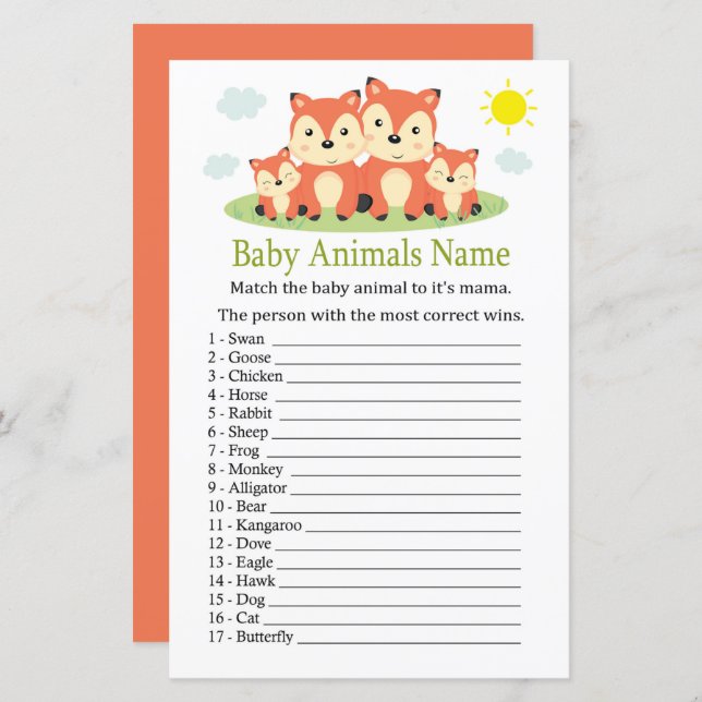 Papier Fox Baby Animaux Nom Jeu (Devant / Derrière)