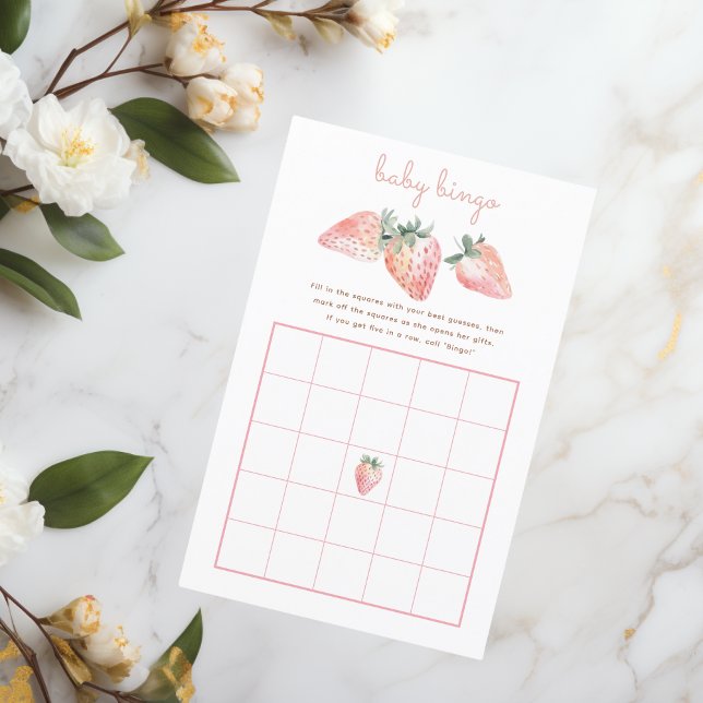 Papier Fraise Bingo Jeu Berry Baby shower doux (berry sweet baby shower bingo game with pink coquette watercolor strawberries)