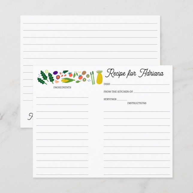 Papier Fruit Veggies CUSTOM Bridal Shower Recipe Card (Devant / Derrière)