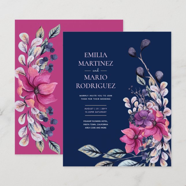 Papier Fuchsia Pink Navy Blue Floral Mariage Budget (Devant / Derrière)