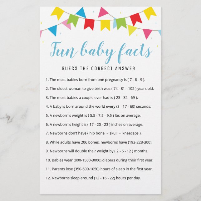 Papier Fun Baby Facts Jeu avec réponses Baby shower parti (Devant)