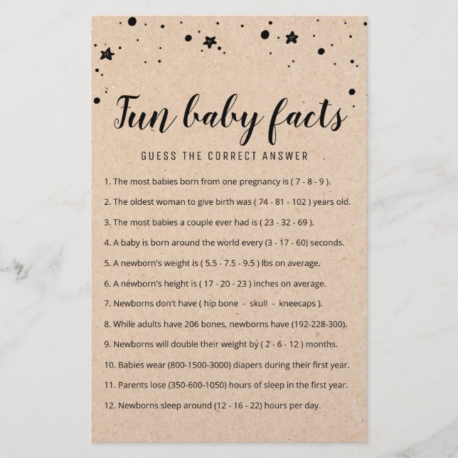 Papier Fun Baby Facts Jeu avec réponses Baby shower parti (Devant)