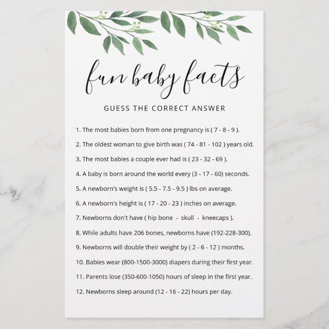 Papier Fun Baby Facts Jeu avec réponses Baby shower parti (Devant)