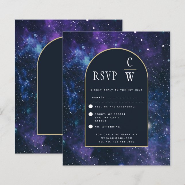 Papier Galaxie Nuit étoilée Violet Bleu Or Mariage RSVP (Devant / Derrière)