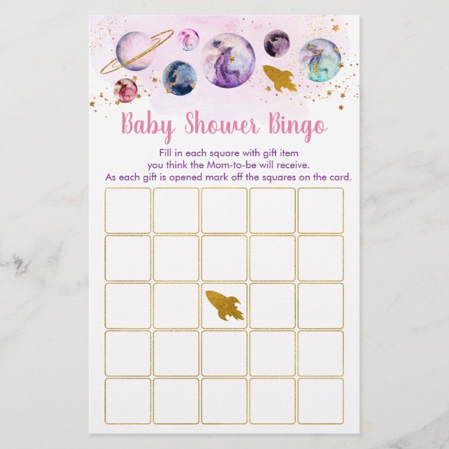 Papier Galaxy Pink Gold Space Baby shower Bingo Jeu (Devant)