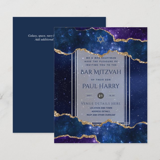 Papier Galaxy Starry Night BAR MITZVAH Invitations Marine (Devant / Derrière)