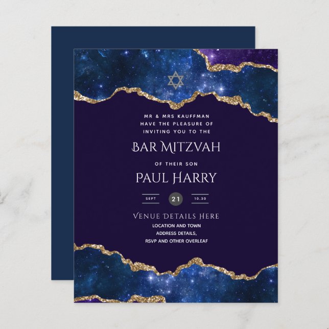 Papier Galaxy Starry Night BAR MITZVAH Invitations Marine (Devant / Derrière)
