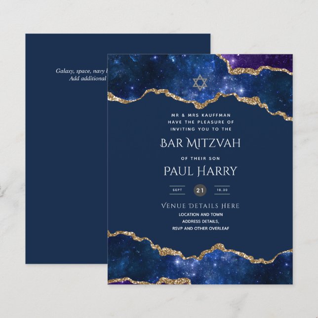 Papier Galaxy Starry Night BAR MITZVAH Invitations Marine (Devant / Derrière)