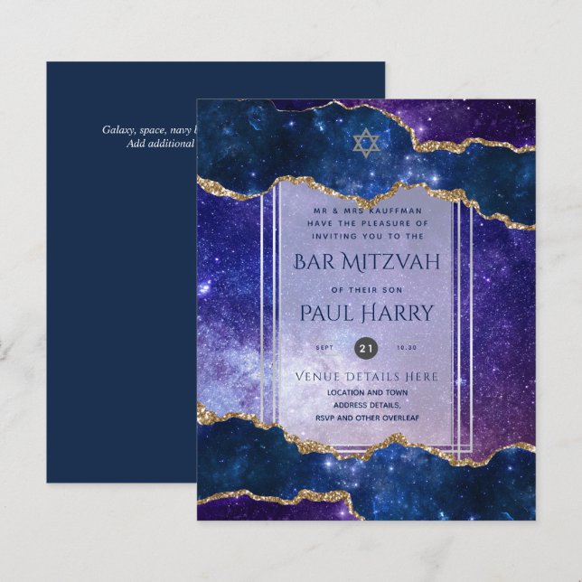 Papier Galaxy Starry Night BAR MITZVAH Invitations Marine (Devant / Derrière)