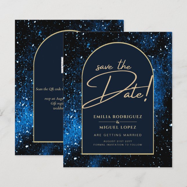 Papier Galaxy Starry Night Blue Gold Mariage SAVE DATE (Devant / Derrière)