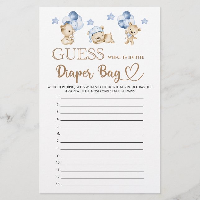 Papier Garçon ours baby shower ce qui est dans le sac de  (Devant)