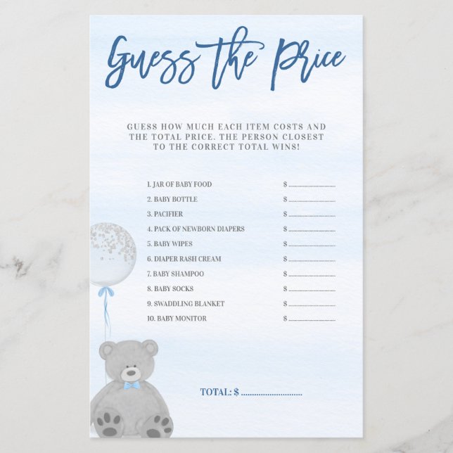 Papier Garçon Teddy Ours bleu Gris Balloon Devinez le pri (Devant)