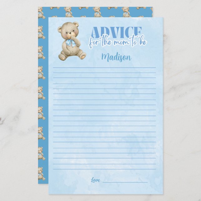 Papier Garçons Balloon Bear Conseil Pour Maman Douche Jeu (Devant / Derrière)