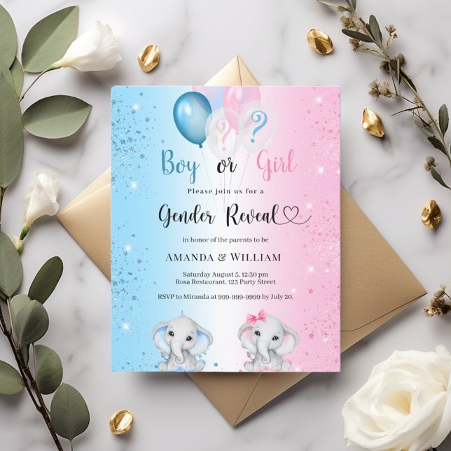 Papier Gender reveal blue pink elephants invitation (Créateur téléchargé)